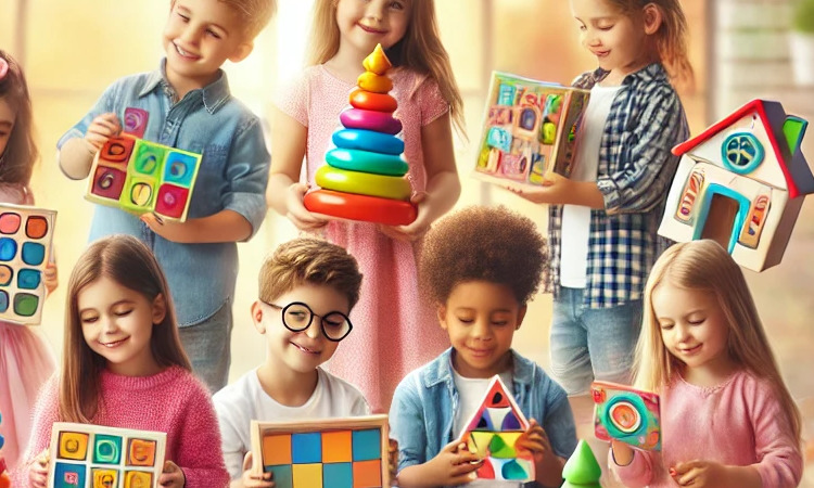DALL·E 2025-01-19 17.53.05 - A vibrant and cheerful image of children playing with educational toys, showcasing creativity and fun. The image features diverse kids holding colorfu